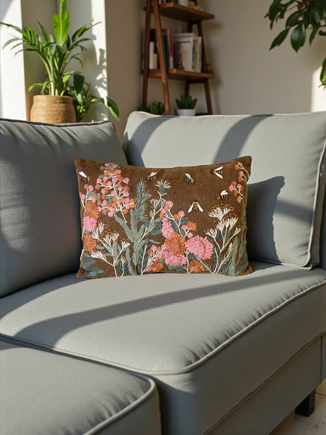 Embroidered Wildflower & Bee Lumbar Pillow