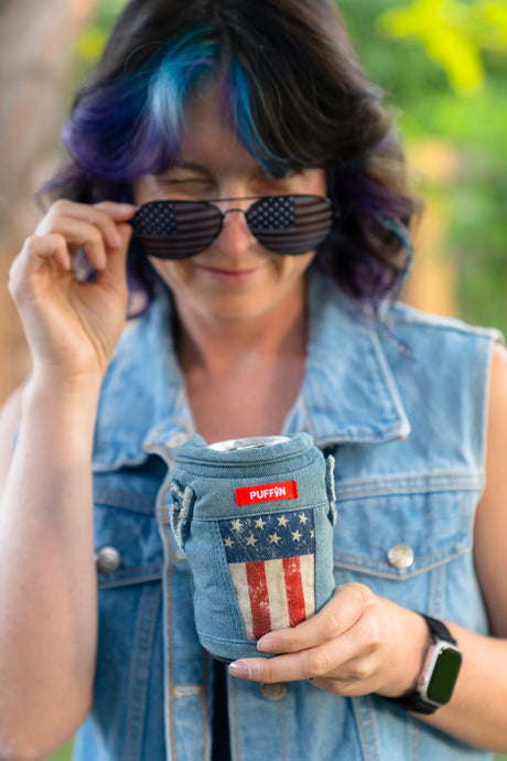 The Denim Vest Merca Insulated Can Cooler | Puffin Drinkwear