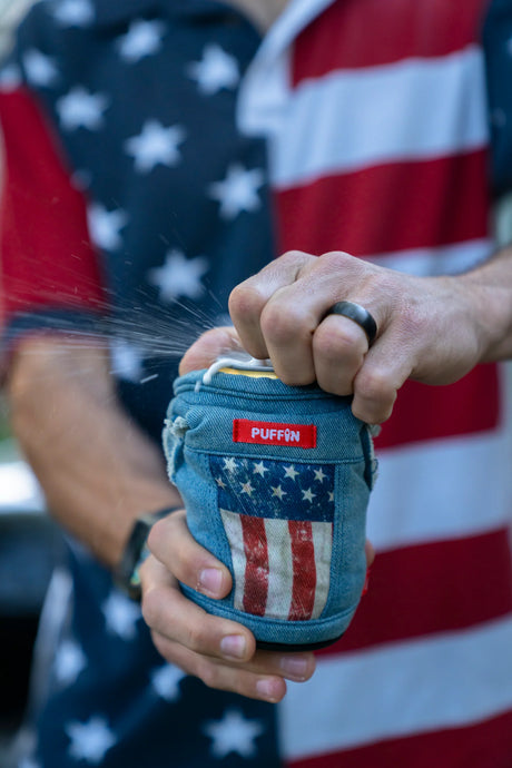 The Denim Vest Merca Insulated Can Cooler | Puffin Drinkwear