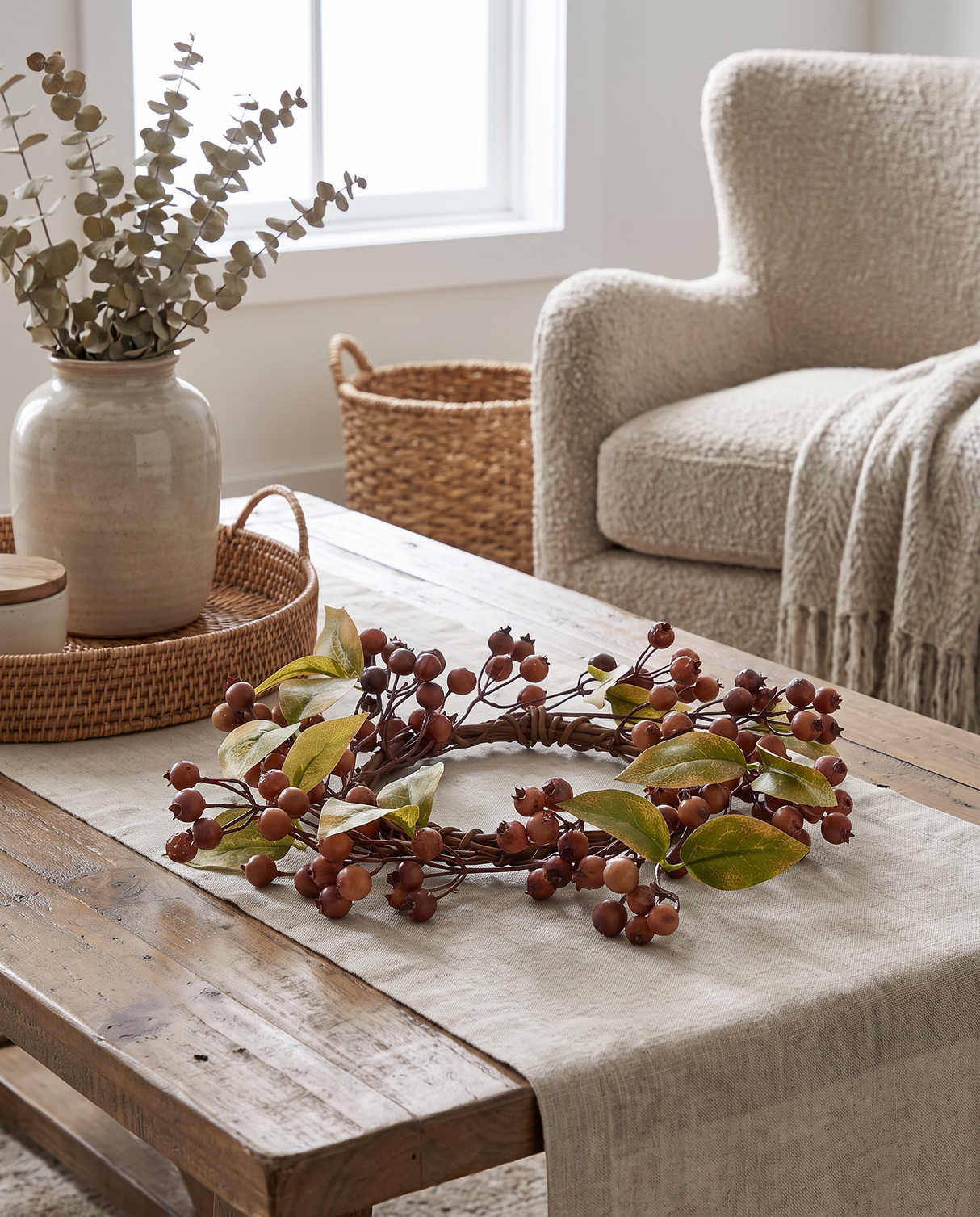 Brown Berry Candle Ring with Green Leaves