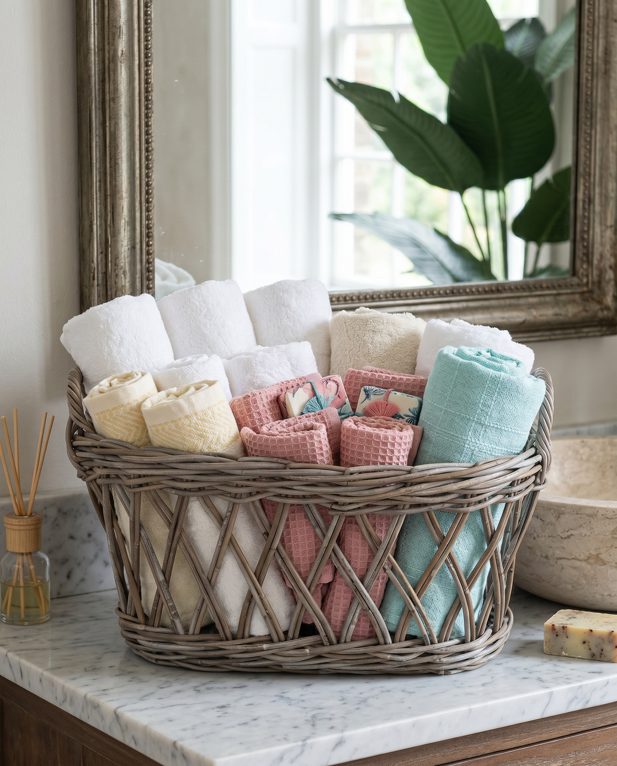 Grey Washed Rattan Oval Basket with Handles