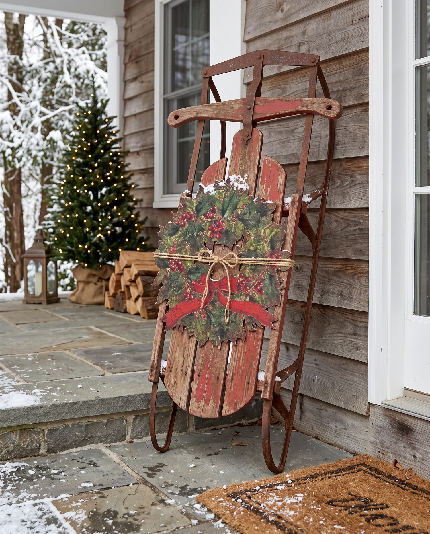 Wreath with Red Bow Metal Wall Plaque