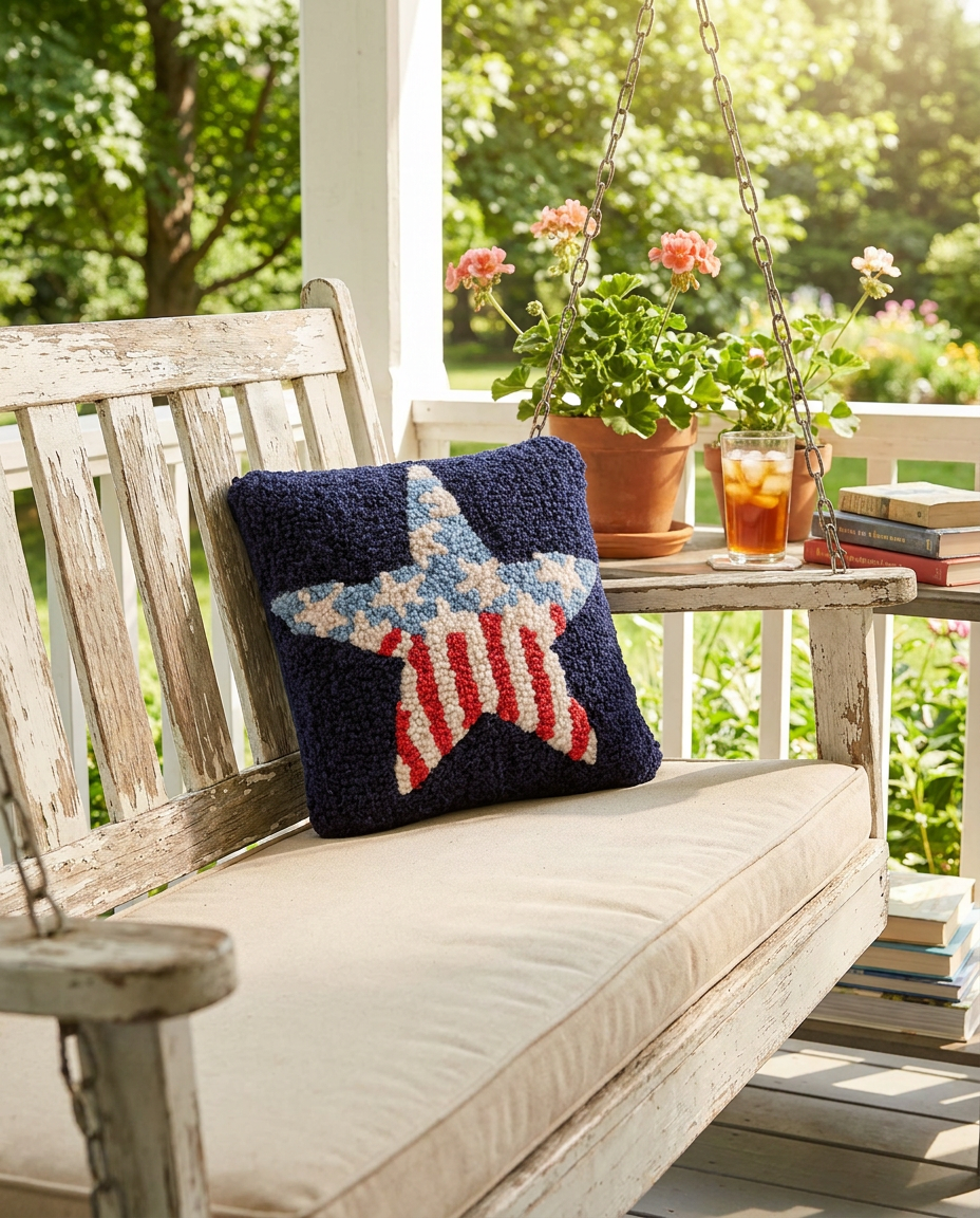 Americana Star Hooked Wool Throw Pillow