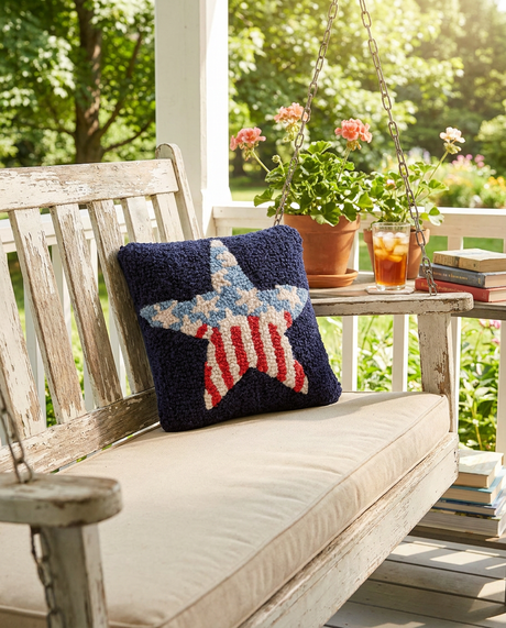 Americana Star Hooked Wool Throw Pillow