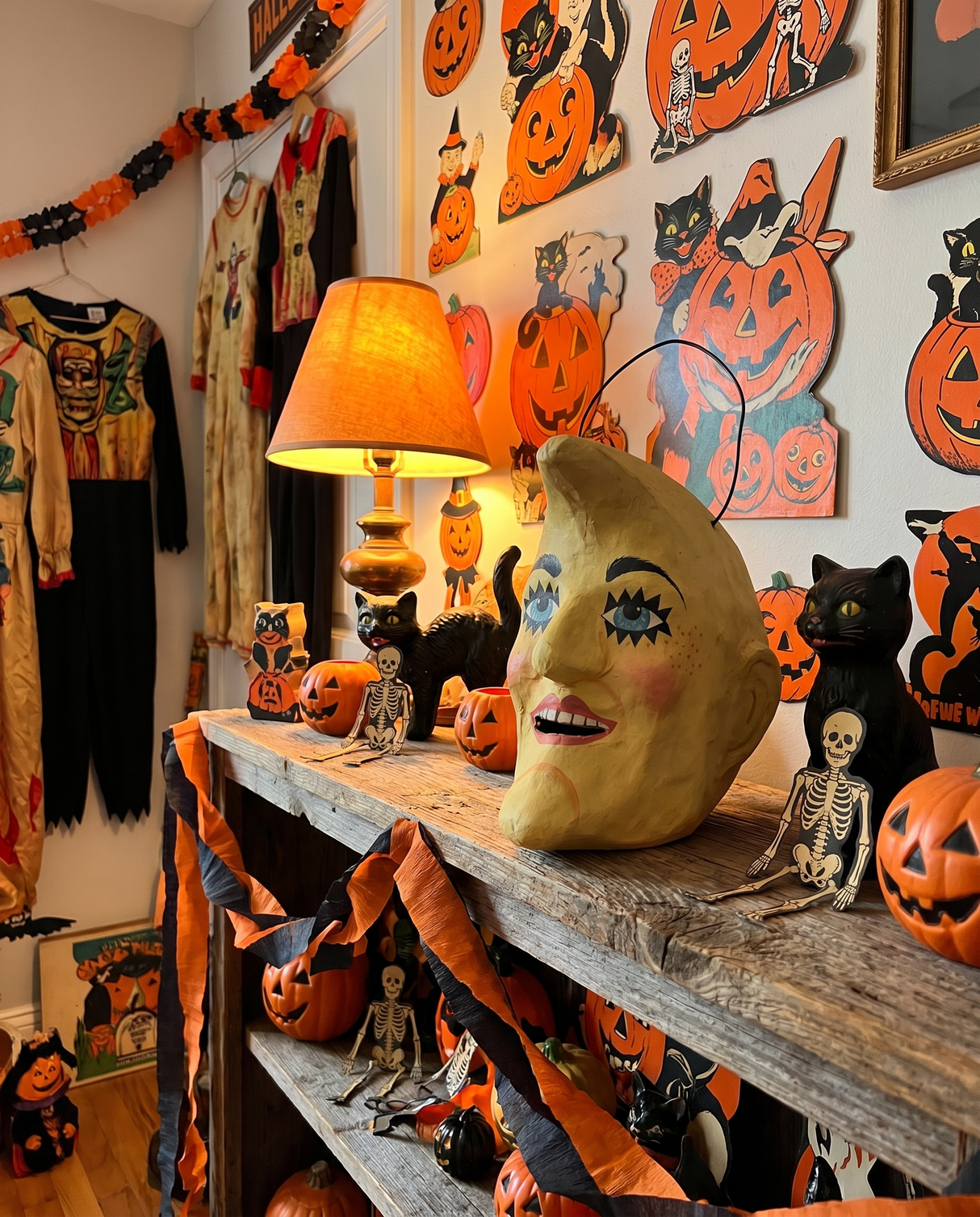 Retro Halloween Crescent Moon Paper Mache Candy Bucket