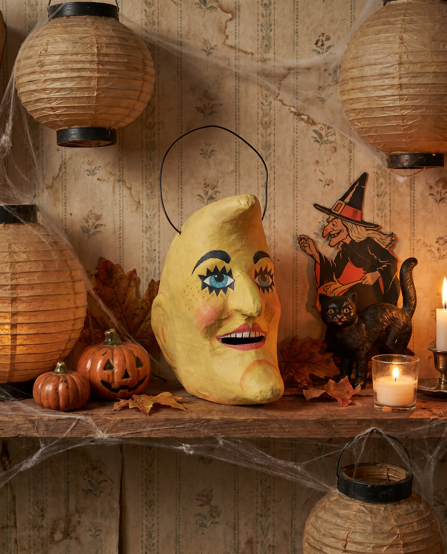 Retro Halloween Crescent Moon Paper Mache Candy Bucket