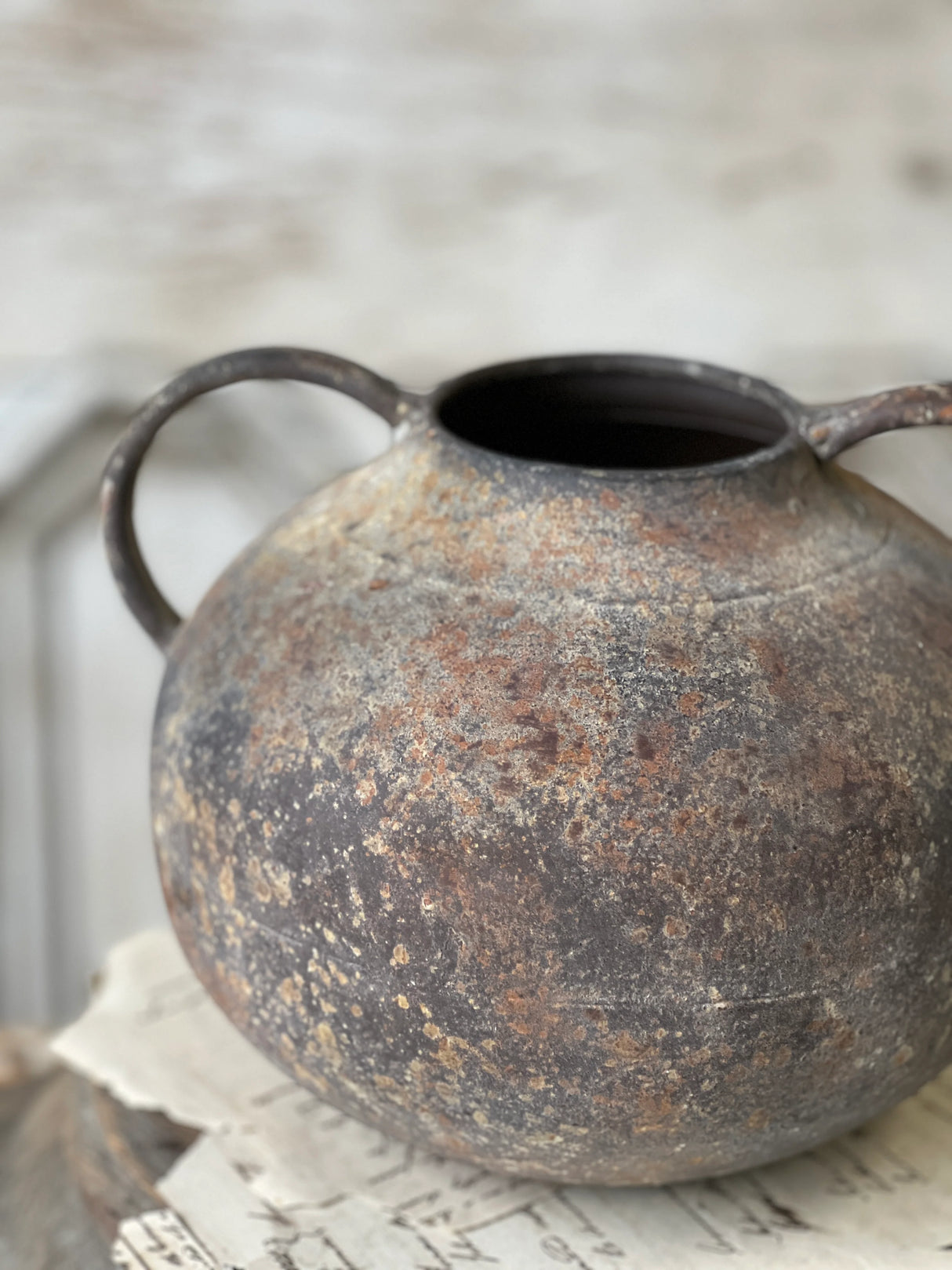 Rustic Patina Brown Metal Vase with Handles