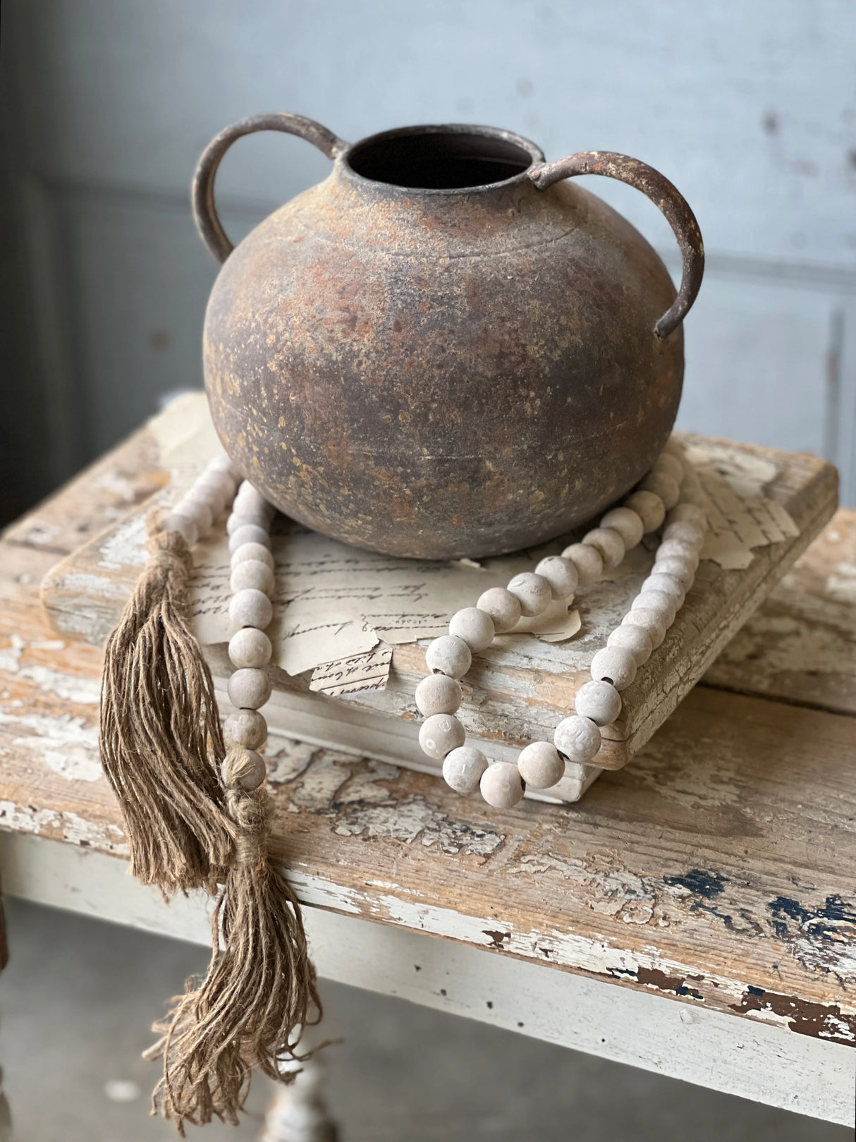 Rustic Patina Brown Metal Vase with Handles