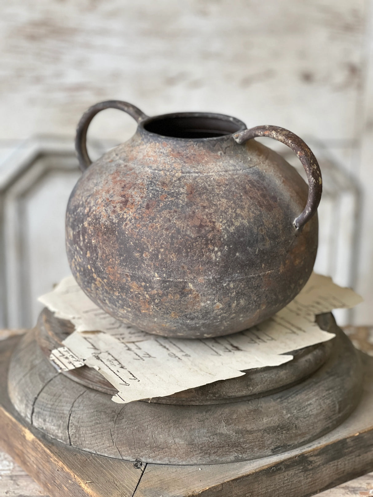 Rustic Patina Brown Metal Vase with Handles