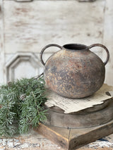 Rustic Patina Brown Metal Vase with Handles