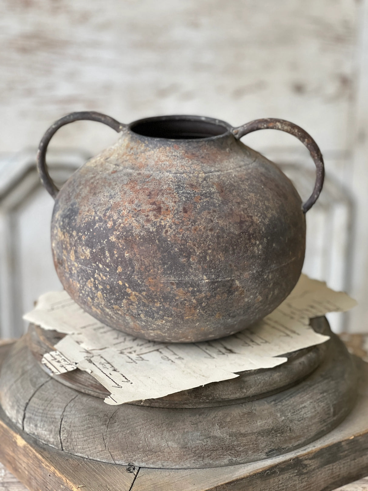 Rustic Patina Brown Metal Vase with Handles