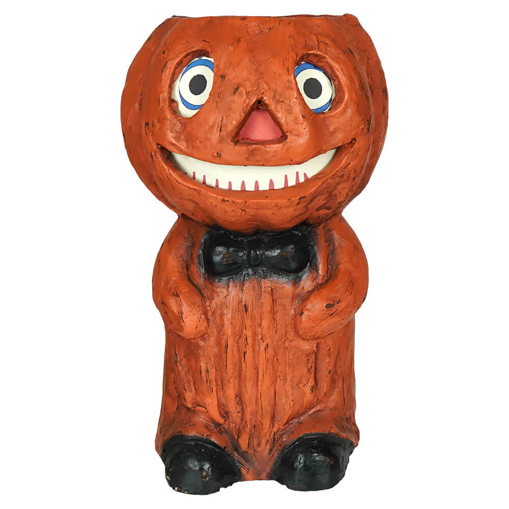 Vintage-Inspired Orange Pumpkin Boy Resin Mache Candy Bucket