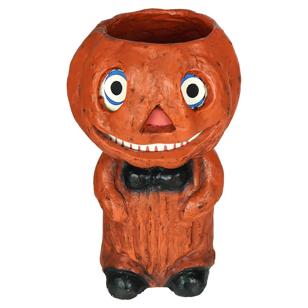 Vintage-Inspired Orange Pumpkin Boy Resin Mache Candy Bucket