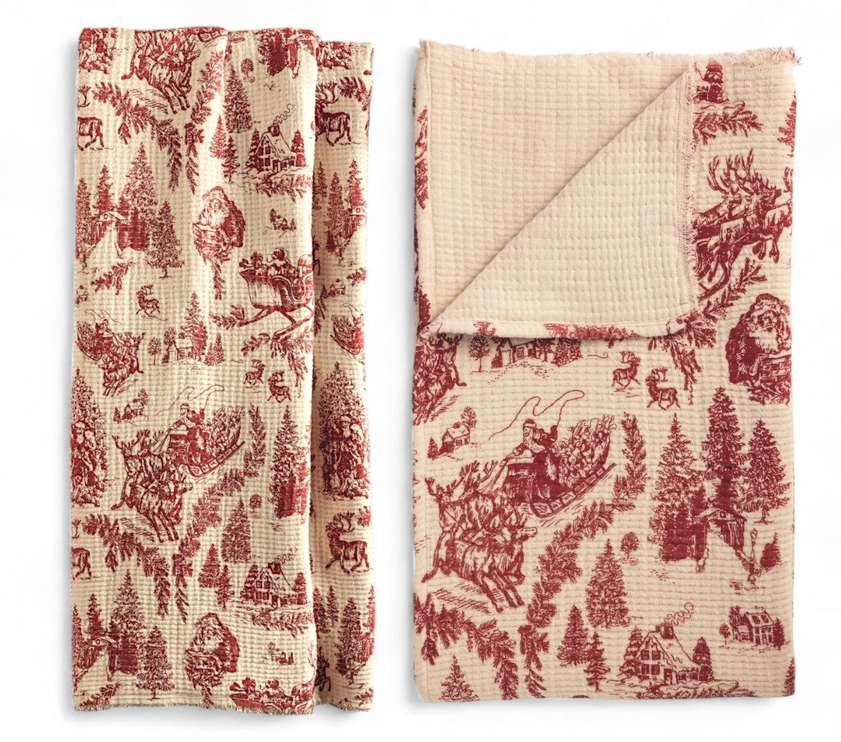 red Toile christmas muslin throw blanket red print 60 x 50 inches