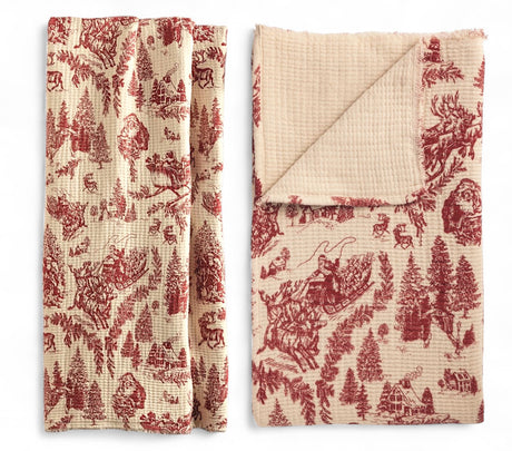 red Toile christmas muslin throw blanket red print 60 x 50 inches