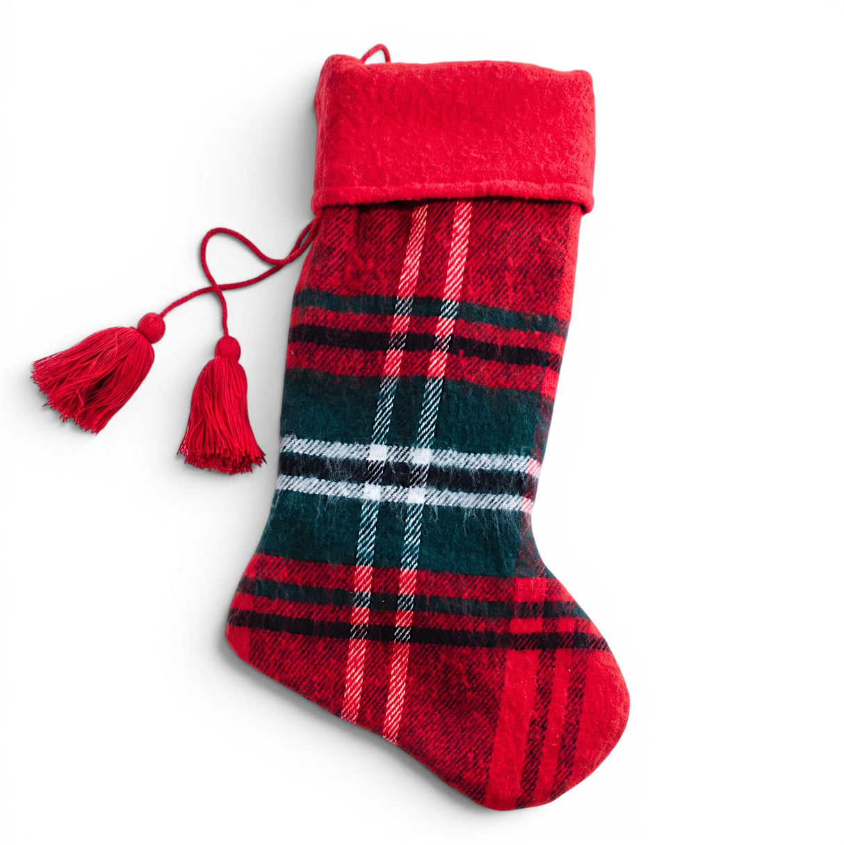 Red and green tartan plaid Christmas stocking with red cuff and tassels