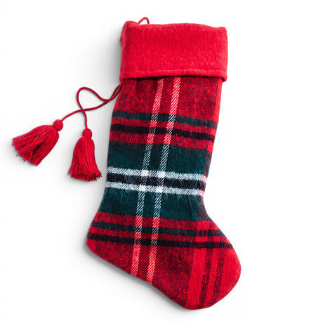 Red and green tartan plaid Christmas stocking with red cuff and tassels