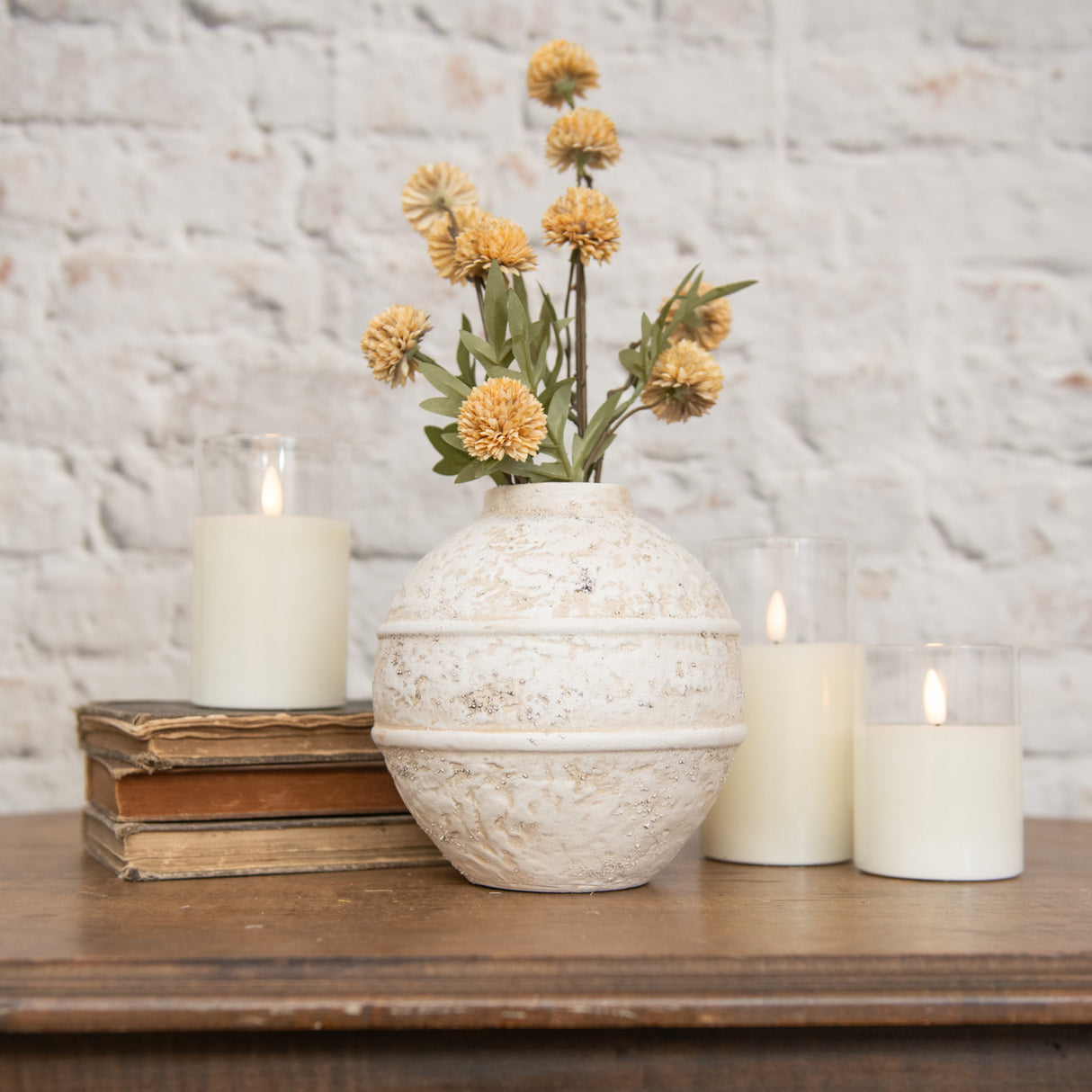 Distressed White Stucco Finish Round Clay Vase