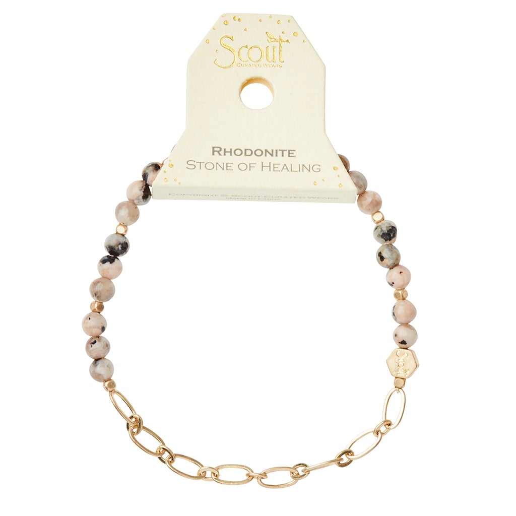 Mini Stone w/Chain Stacking Bracelet | Rhodonite/Gold