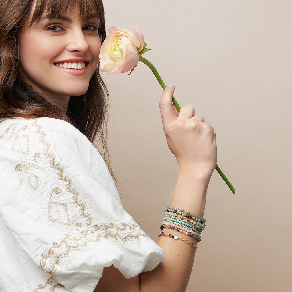 Mini Stone w/Chain Stacking Bracelet | Rhodonite/Gold