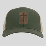 Leather Cross Olive Green Trucker Hat