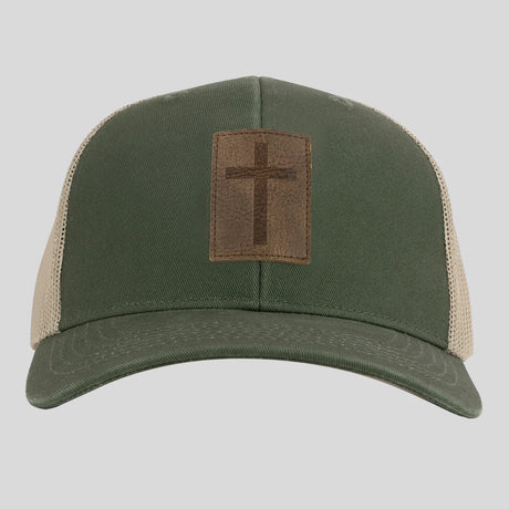 Leather Cross Olive Green Trucker Hat