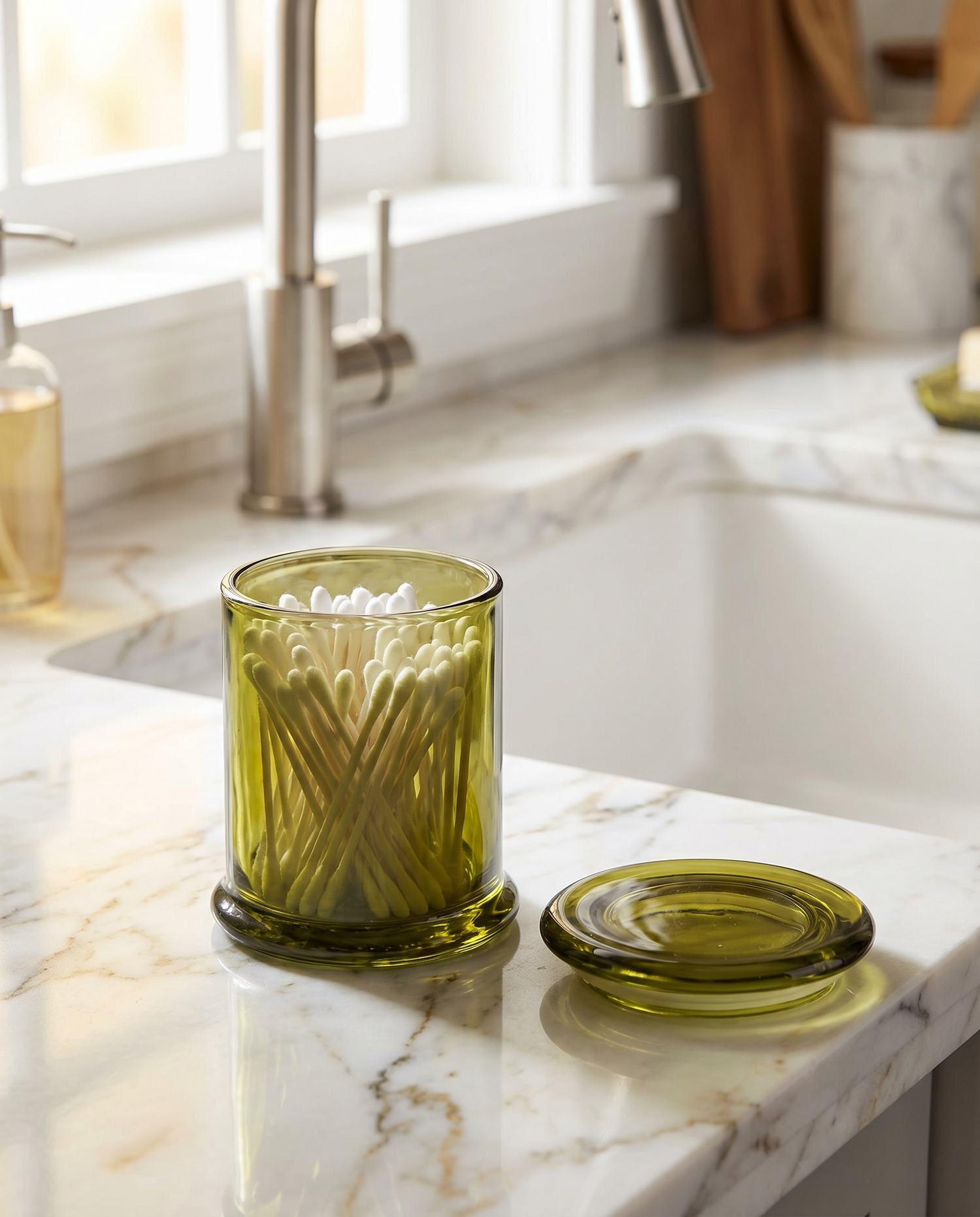 Olive Green Glass Lidded Q-Tip Jar