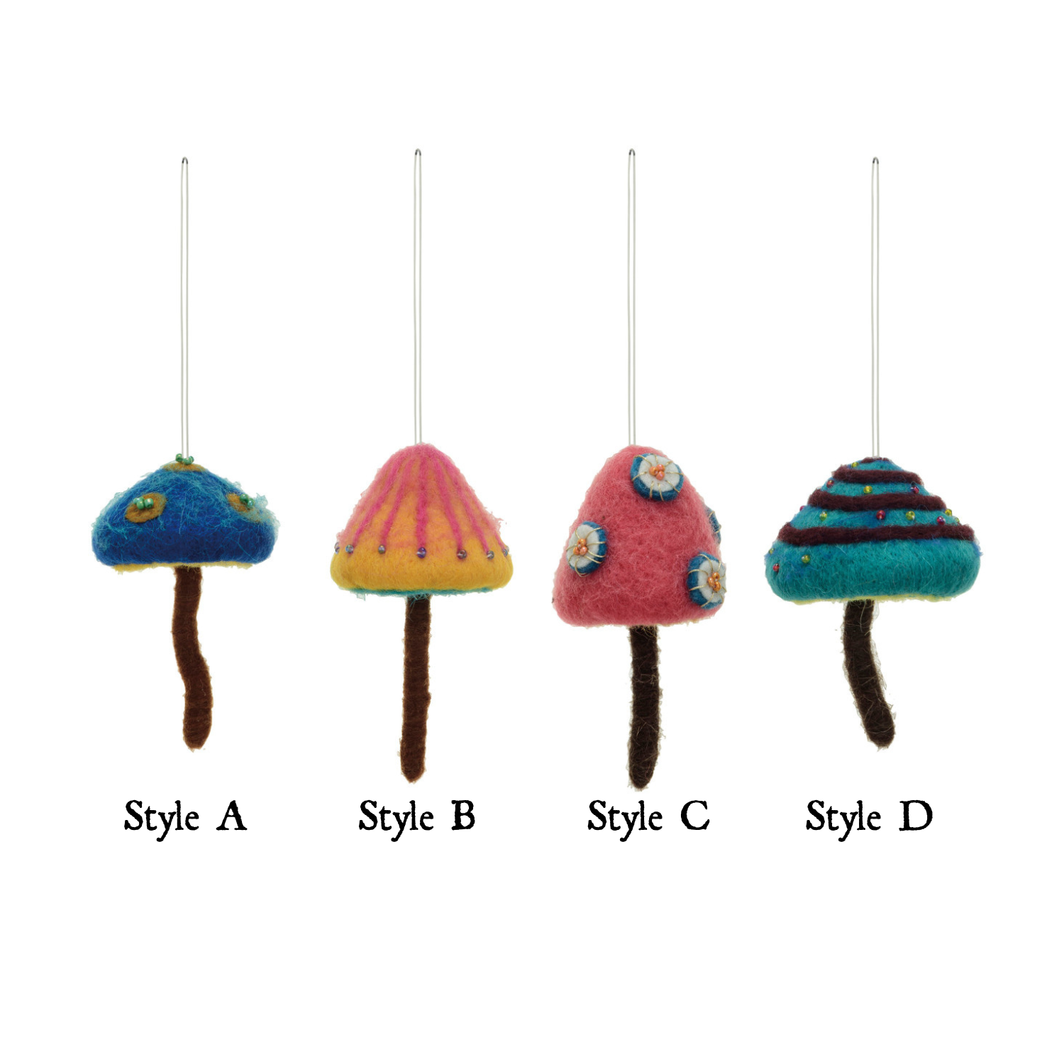 Handmade Wool Felt Mushroom Ornament with Beads