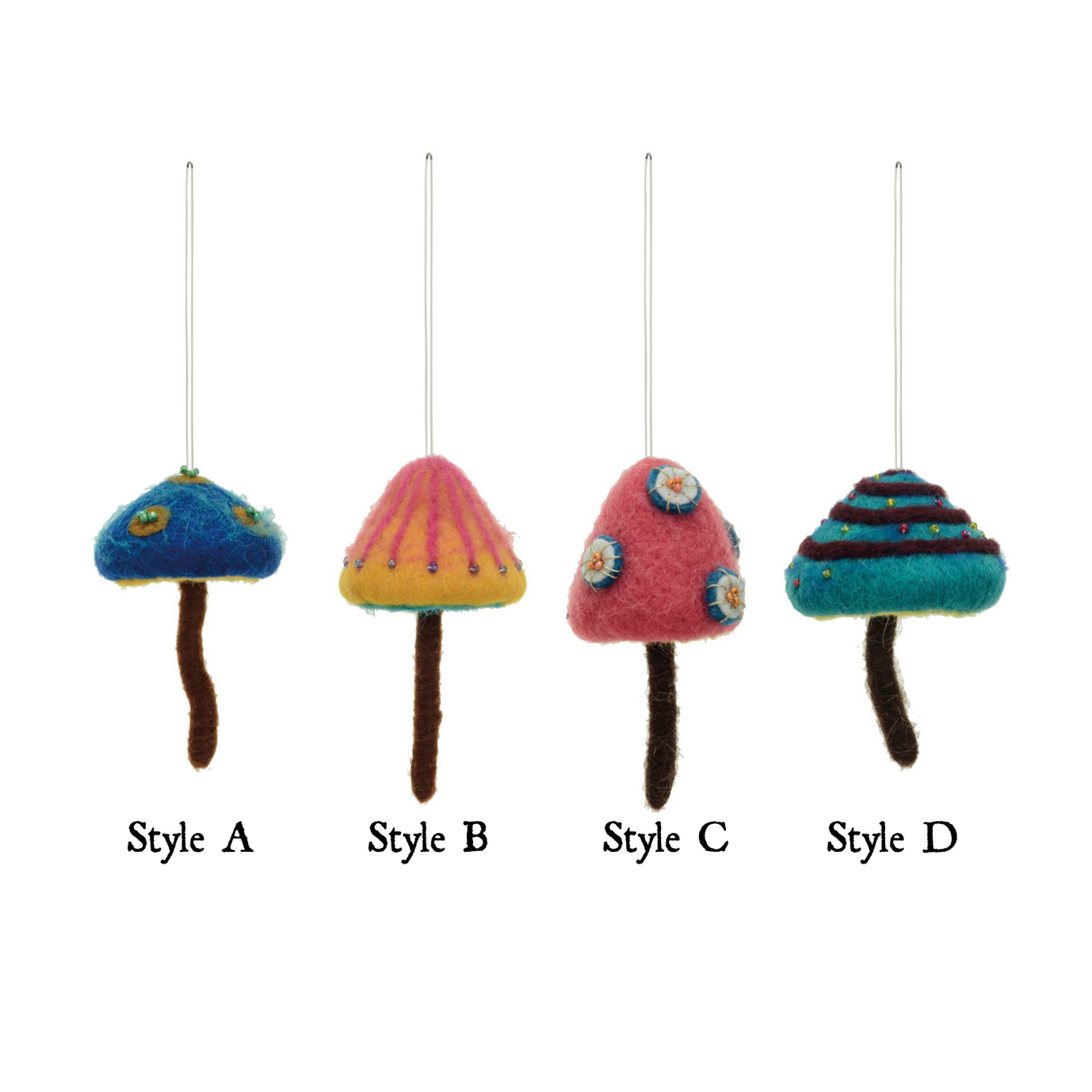 Handmade Wool Felt Mushroom Ornaments with Beads