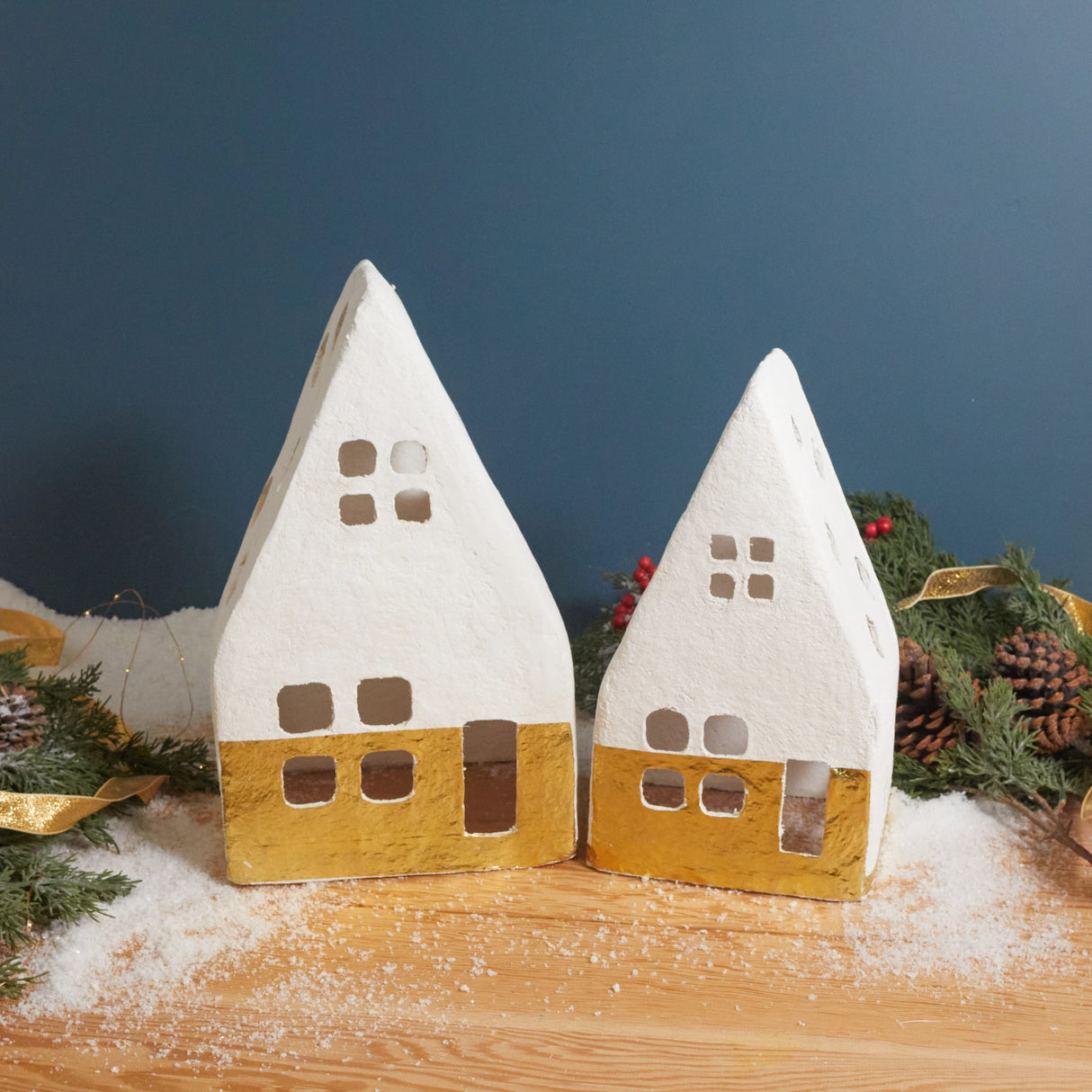 Handmade Paper Mache A-Frame Houses with Gold Foil