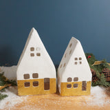 Handmade Paper Mache A-Frame Houses with Gold Foil