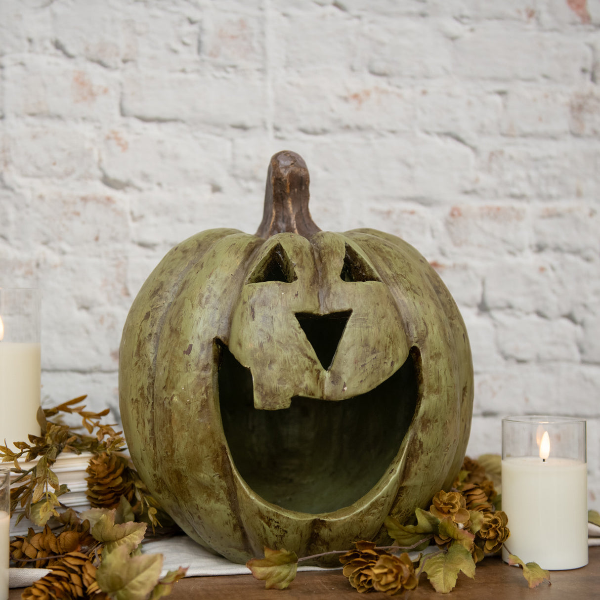 Green Big Mouth Jack O'Lantern Resin Mache Pumpkins