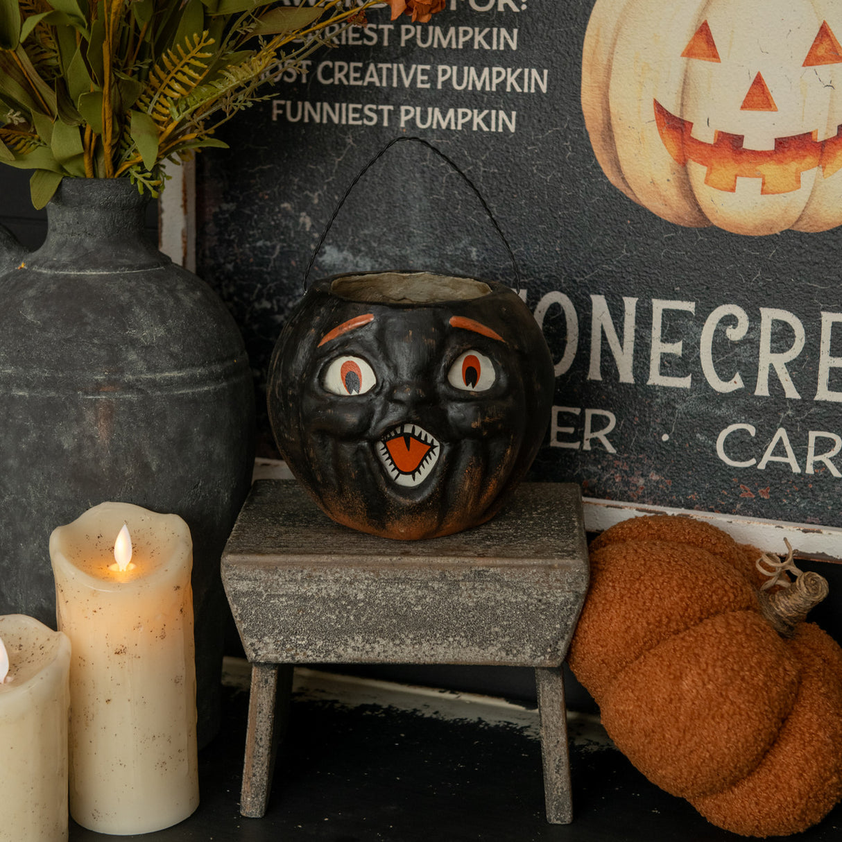 Vintage-Inspired Black Resin Mache Jack-O-Lantern Choir Boy Candy Buckets