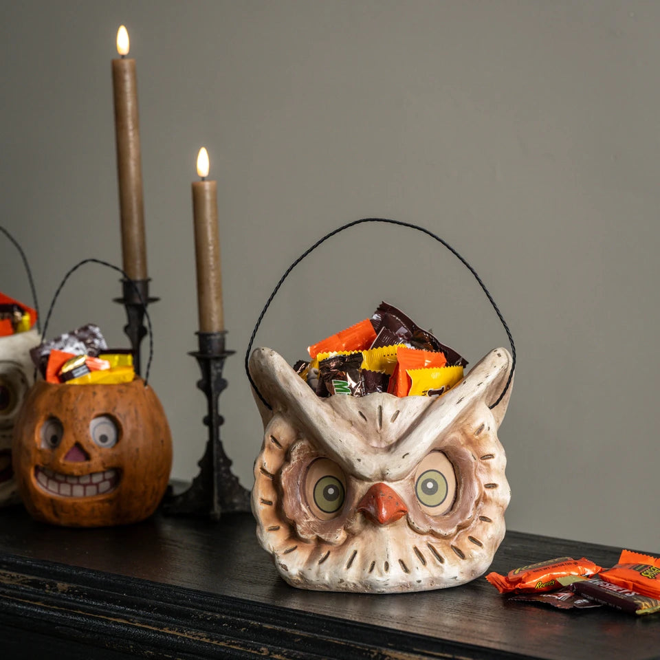Owl Resin Mache Candy Bucket with Handle