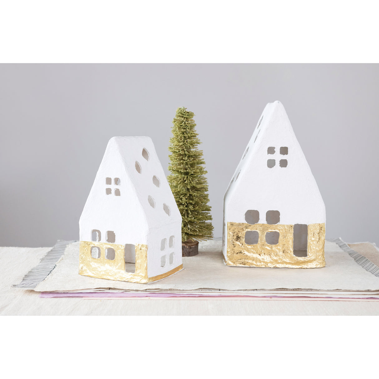 Handmade Paper Mache A-Frame Houses with Gold Foil