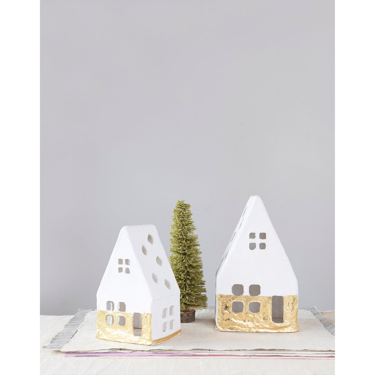 Handmade Paper Mache A-Frame Houses with Gold Foil