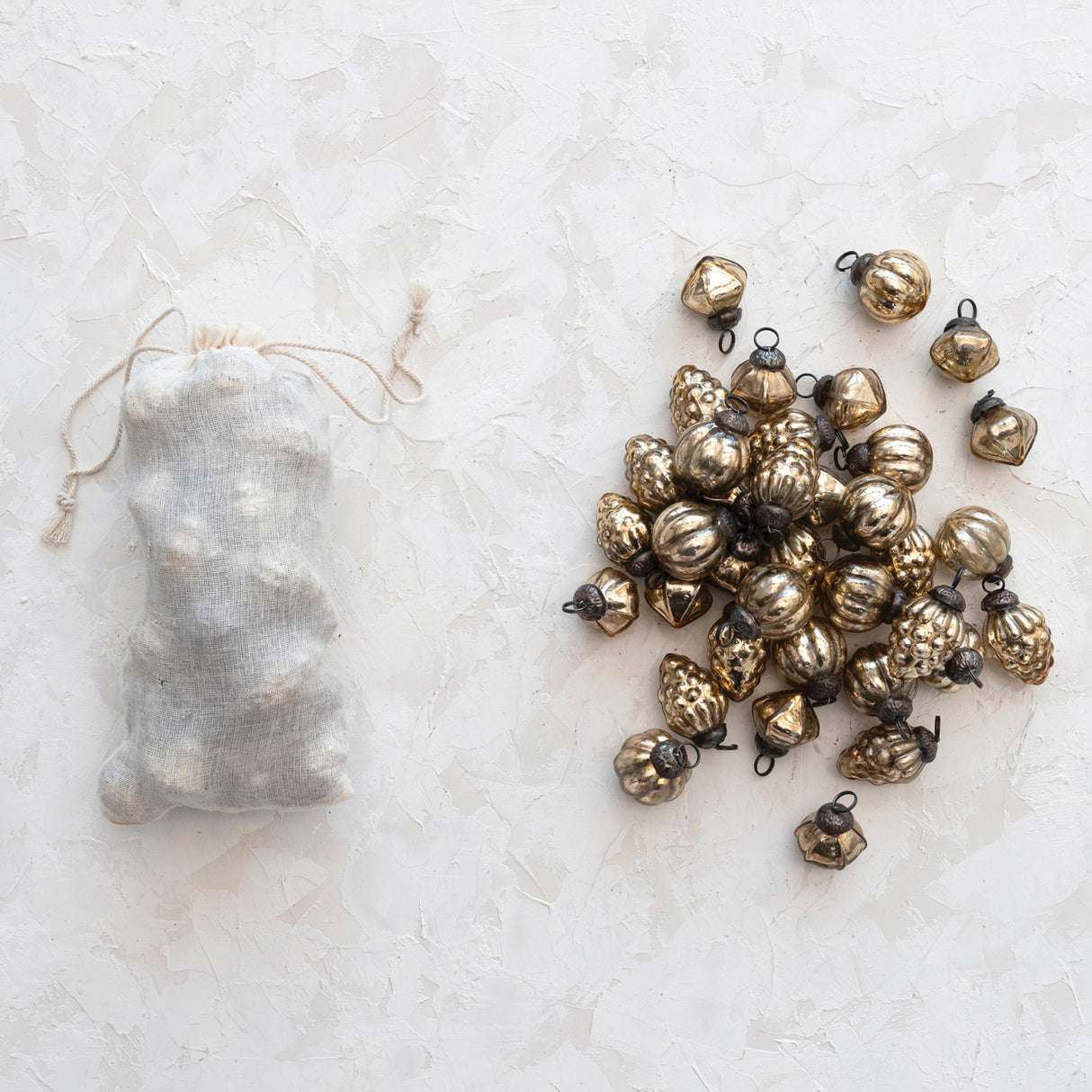 Antique Gold Mercury Glass Ornaments in Muslin Bag | Set of 36
