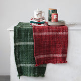 Burgundy Woven Wool Blend Slub Table Runner with Stripes & Fringe