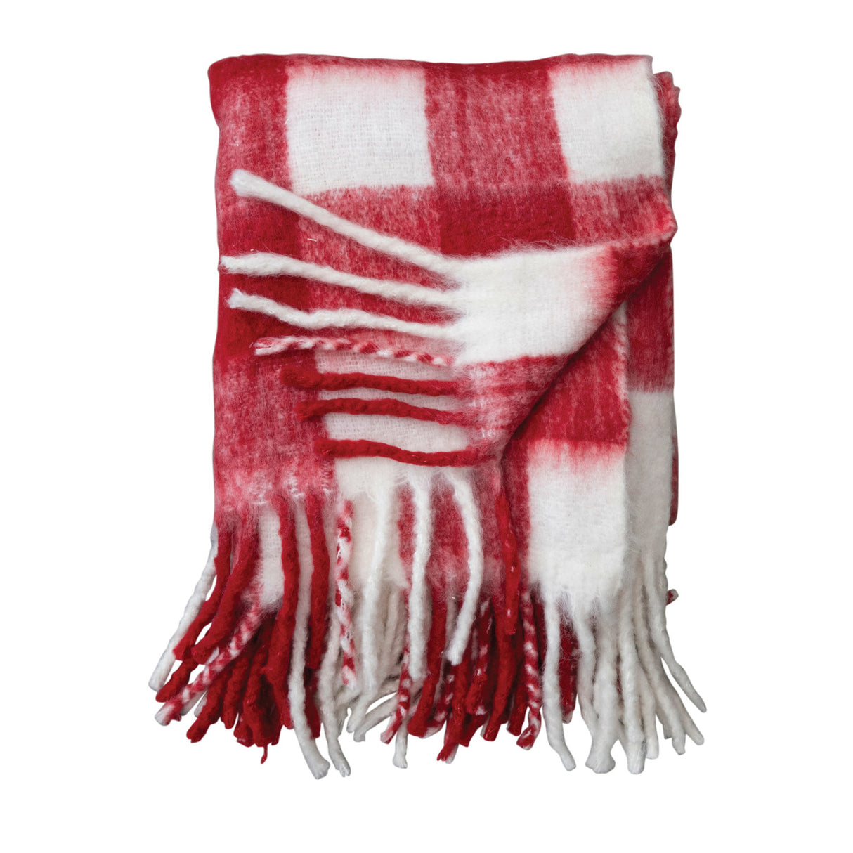 Red & White Plaid Woven Acrylic Throw with Fringe