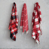 Red & White Plaid Woven Acrylic Throw with Fringe