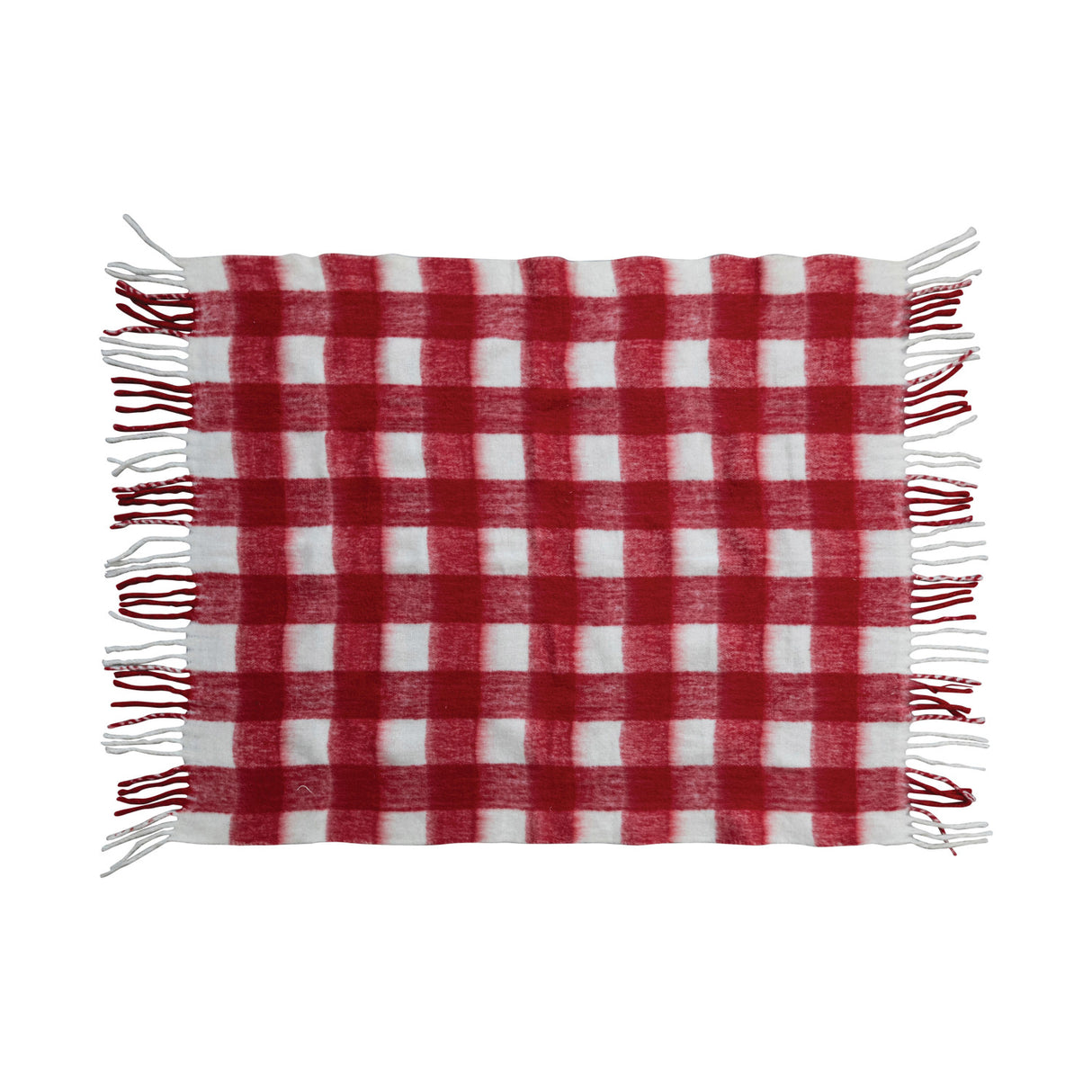 Red & White Plaid Woven Acrylic Throw with Fringe