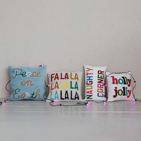Holly Jolly Tufted Christmas Pillow with Pom Pom Trim
