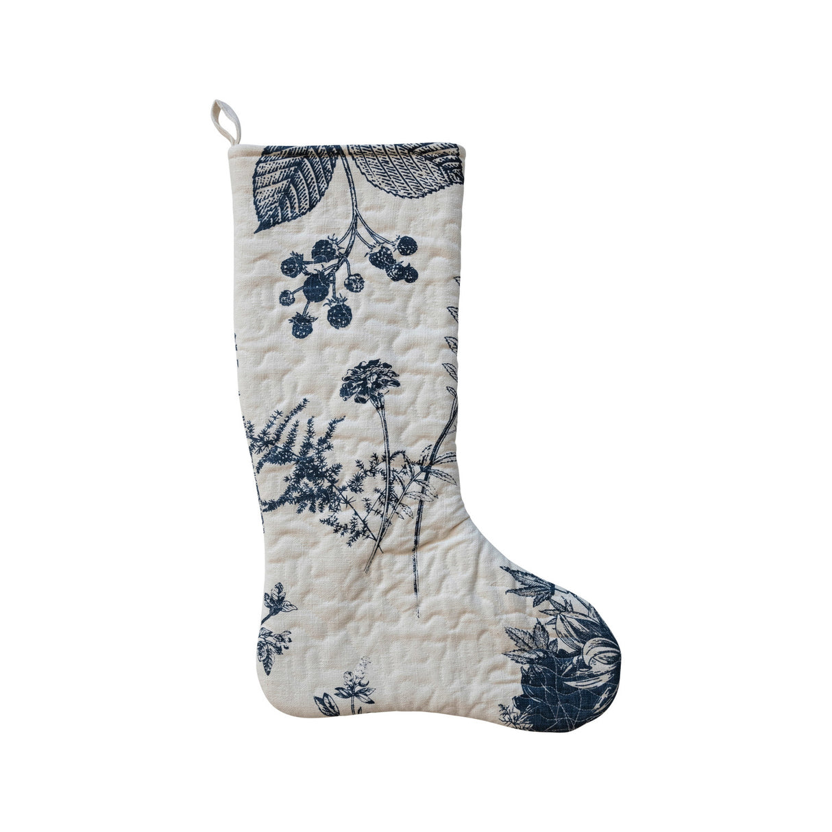 White & Blue Quilted Cotton Printed Stocking with Botanical Blue Print