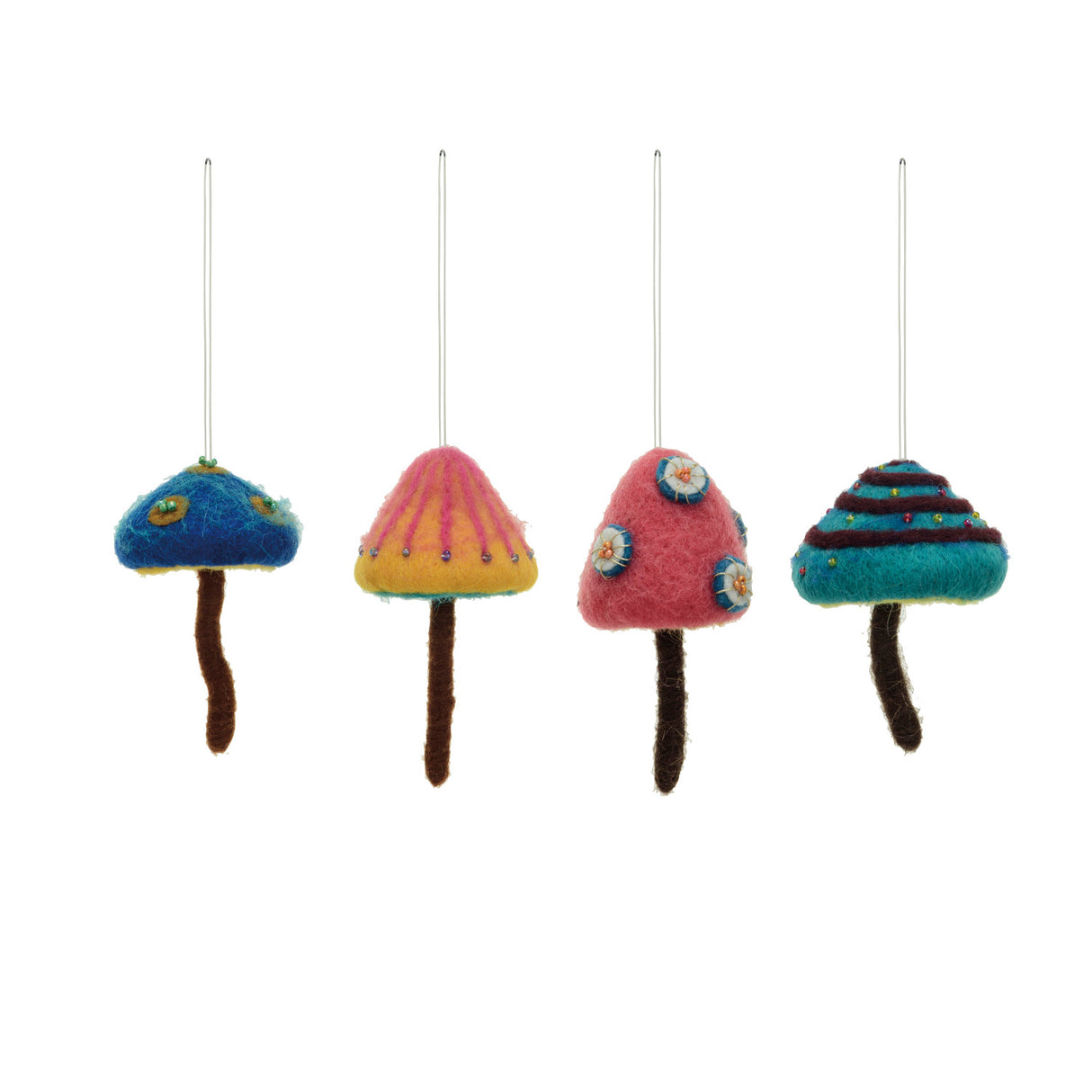 Handmade Wool Felt Mushroom Ornaments with Beads