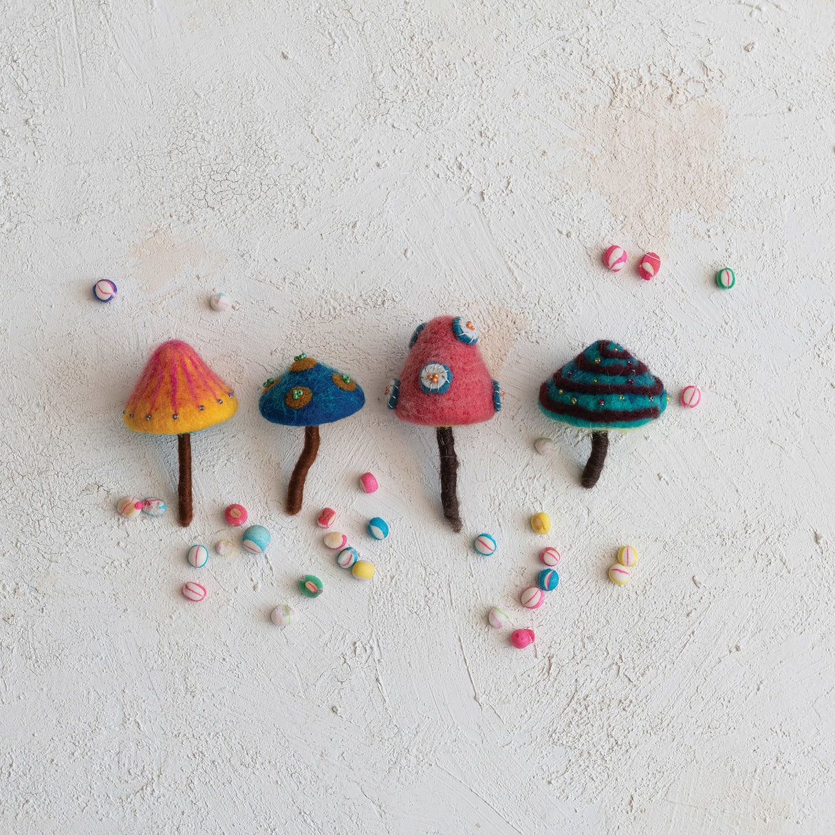 Handmade Wool Felt Mushroom Ornaments with Beads