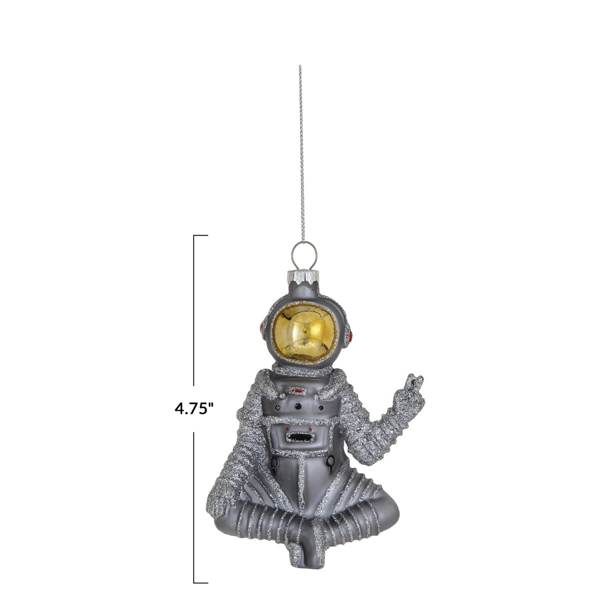 Glass Sitting Astronaut Ornament with Peace Sign & Silver Glitter