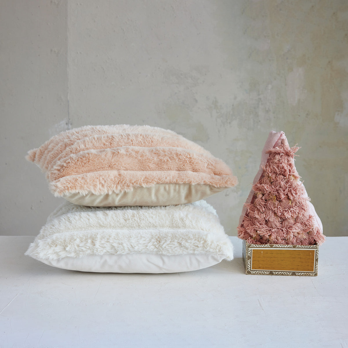 Cream Ribbed Faux Fur Pillow with Velvet Back