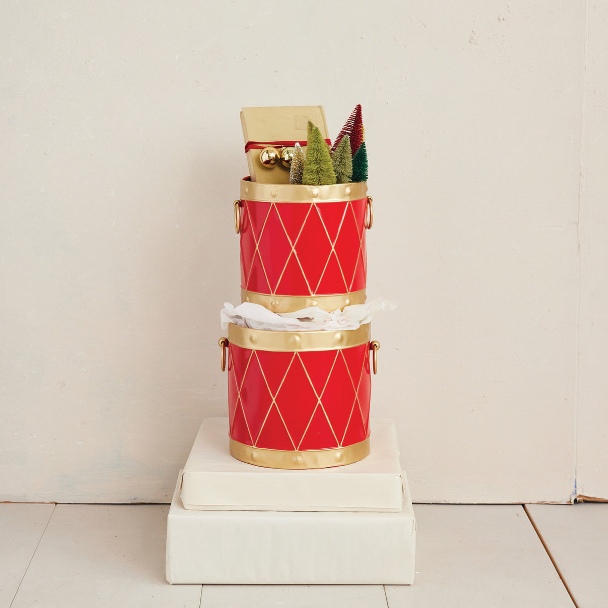 Red & Gold Metal Drum Buckets