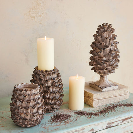 Distressed Brown Resin Pinecone Pillar Candle Holder | 2 Sizes