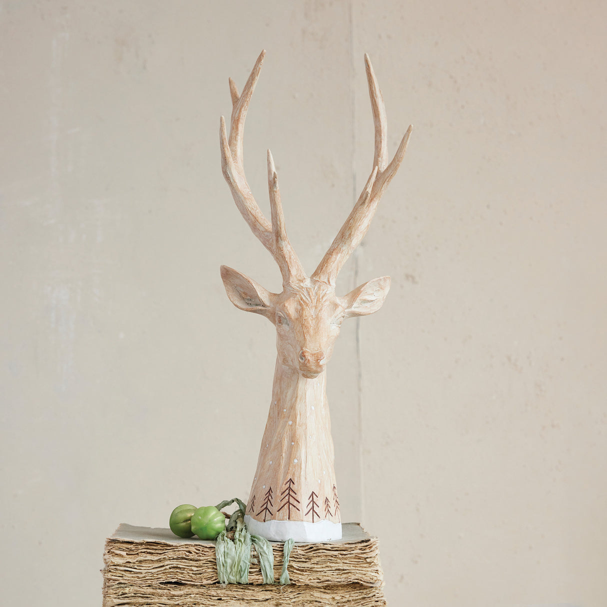 Whitewashed Resin Deer Head with Etched Tree Design